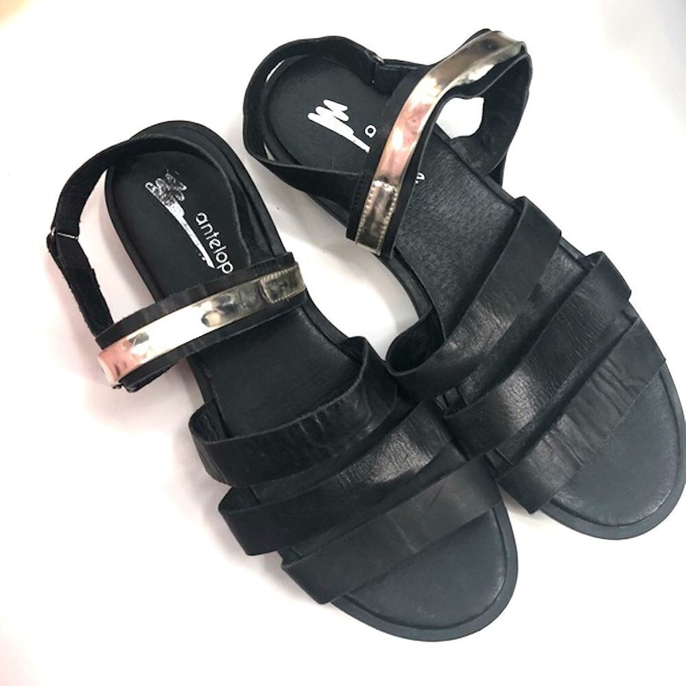ANTELOPE Black Leather Strappy Flat Sandal Silver Accent 40 9 Women Comfort Shoe